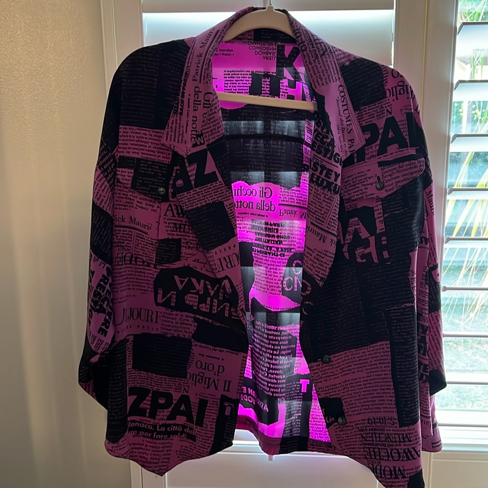Purple + Black Newspaper Print Vintage 80s Novelty Jacket Blouse